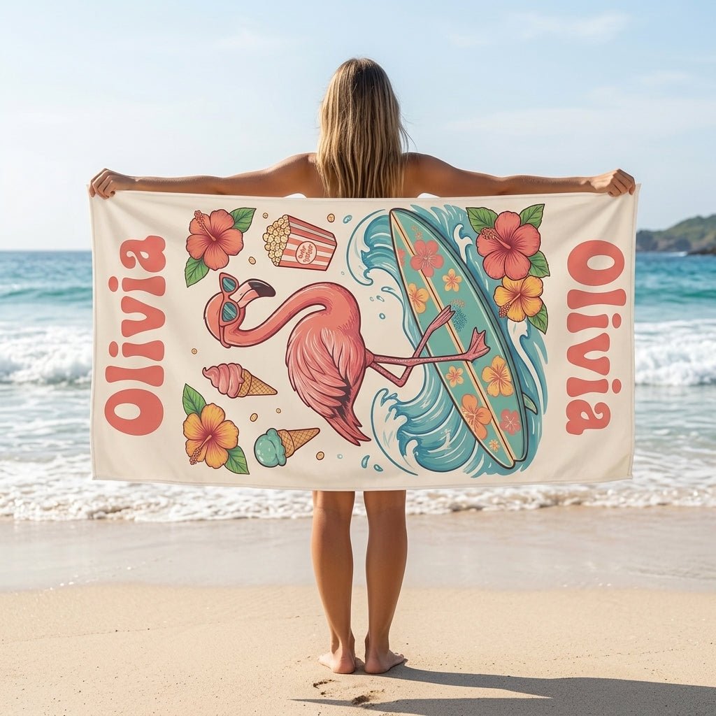 Personalized Surfing Flamingo Beach Towel - Retro Summer Sweet Treats Custom Name Vacation Gift - FlamingoAholic