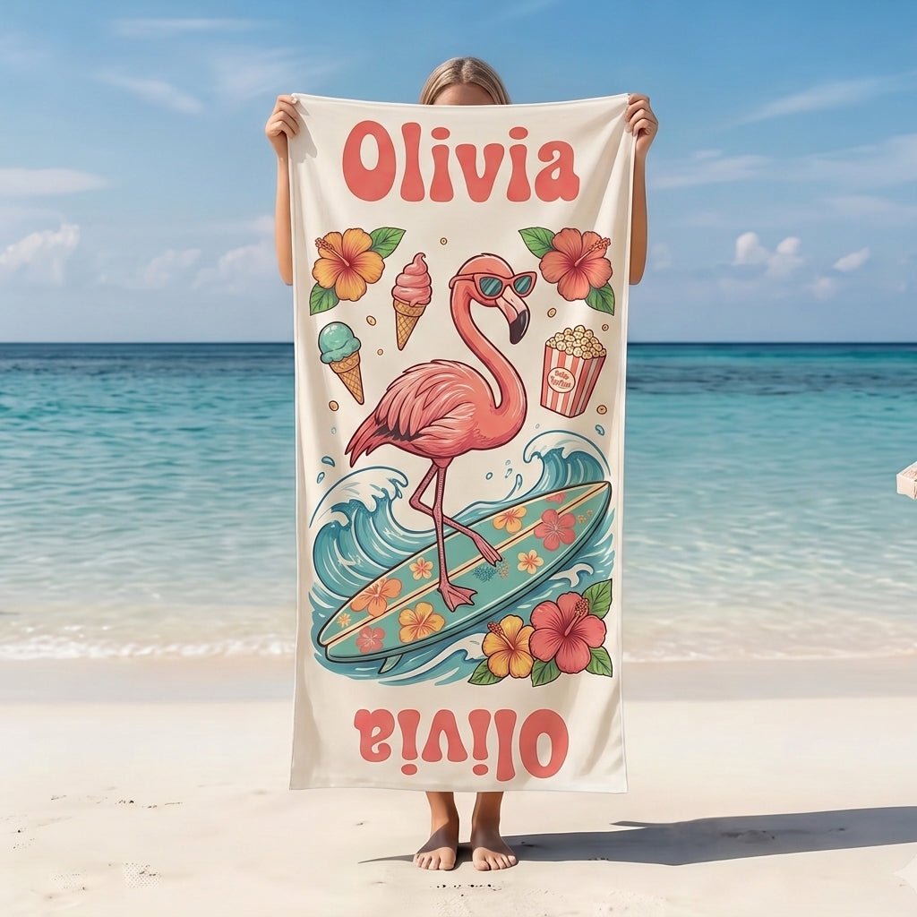 Personalized Surfing Flamingo Beach Towel - Retro Summer Sweet Treats Custom Name Vacation Gift - FlamingoAholic