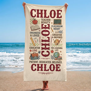 Personalized Teacher Beach Towel - Custom Name "Patient. Dedicated. Beloved." - FlamingoAholic