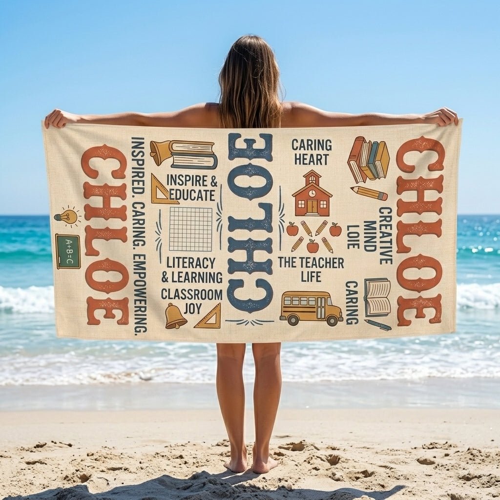 Personalized Teacher Beach Towel - Custom Name "The Teacher Life" Gift - FlamingoAholic