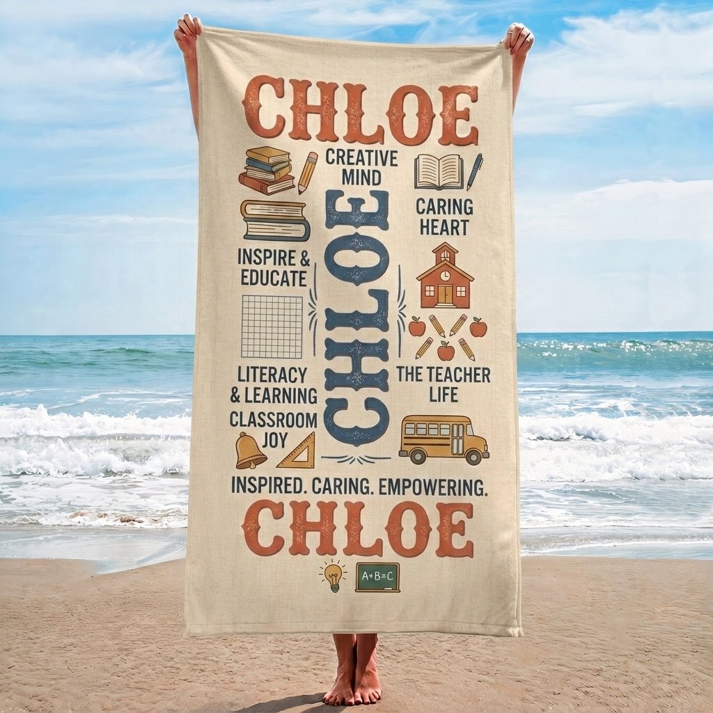 Personalized Teacher Beach Towel - Custom Name "The Teacher Life" Gift - FlamingoAholic