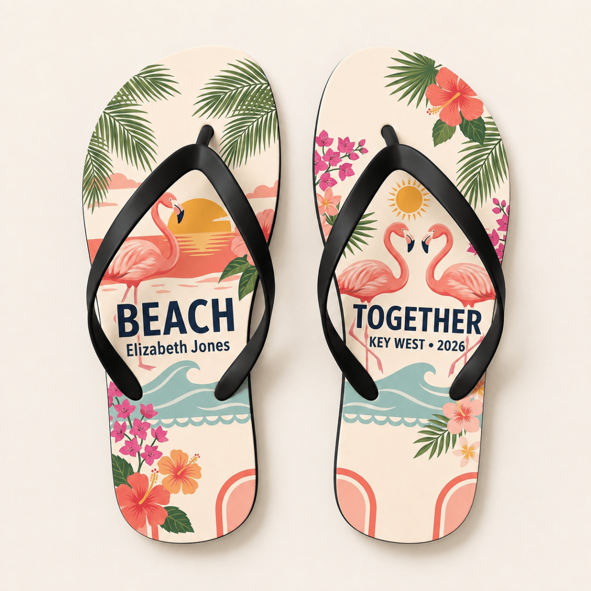 Personalized Together Flamingo Flip Flops for Couples | Custom Beach Vacation Sandals | Romantic Tropical Gift - FlamingoAholic