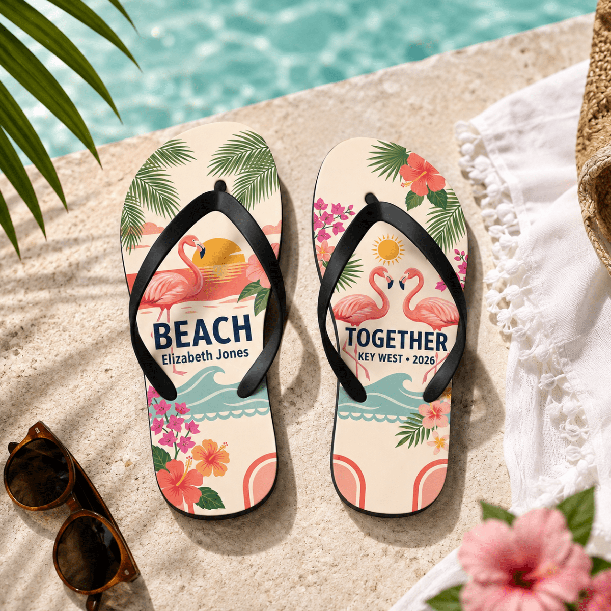 Personalized Together Flamingo Flip Flops for Couples | Custom Beach Vacation Sandals | Romantic Tropical Gift - FlamingoAholic