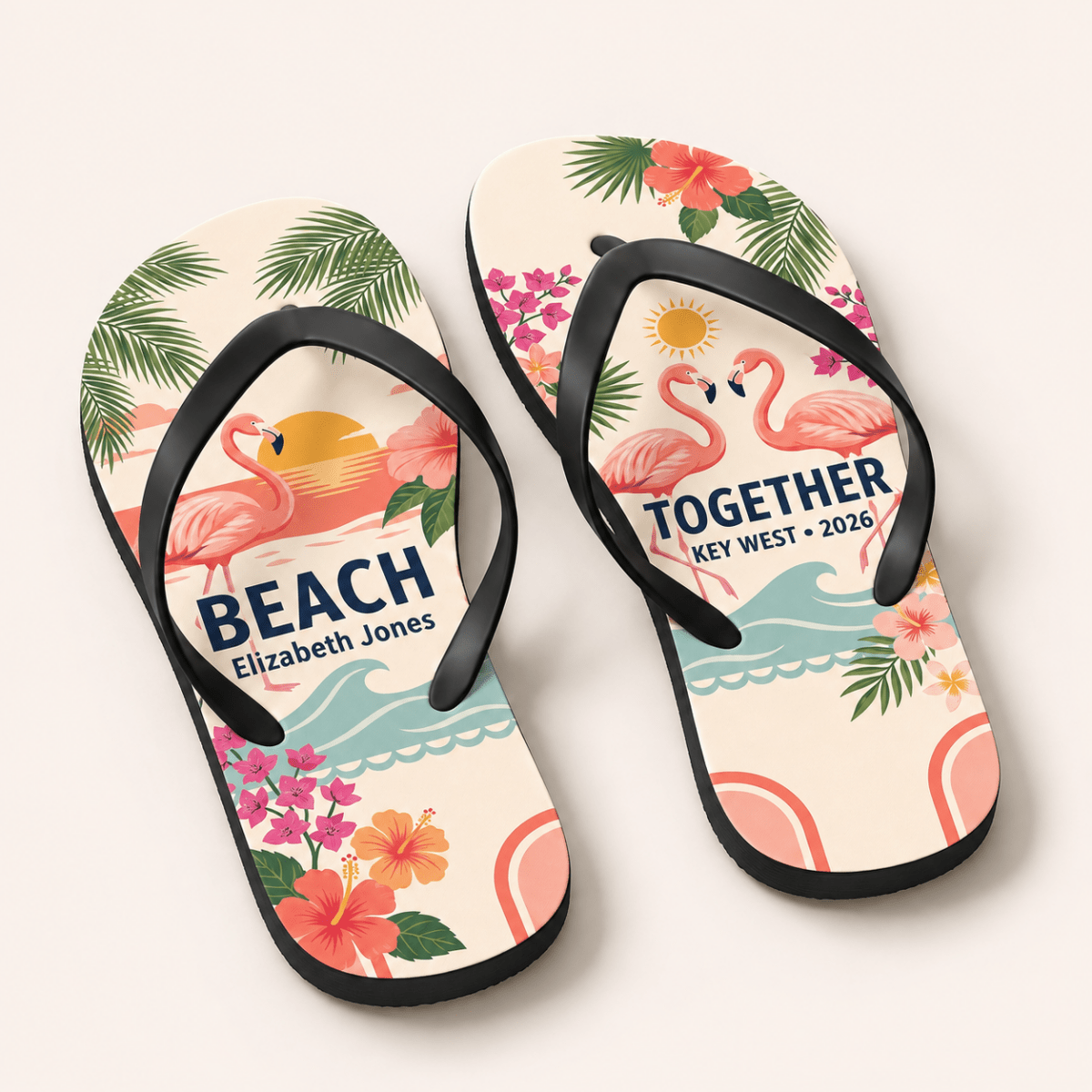 Personalized Together Flamingo Flip Flops for Couples | Custom Beach Vacation Sandals | Romantic Tropical Gift - FlamingoAholic