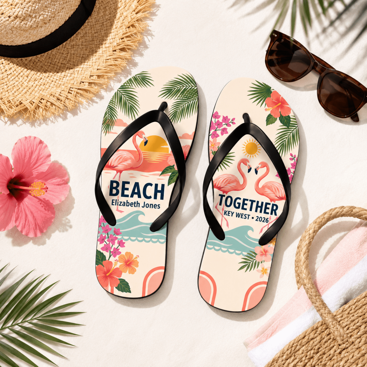 Personalized Together Flamingo Flip Flops for Couples | Custom Beach Vacation Sandals | Romantic Tropical Gift - FlamingoAholic