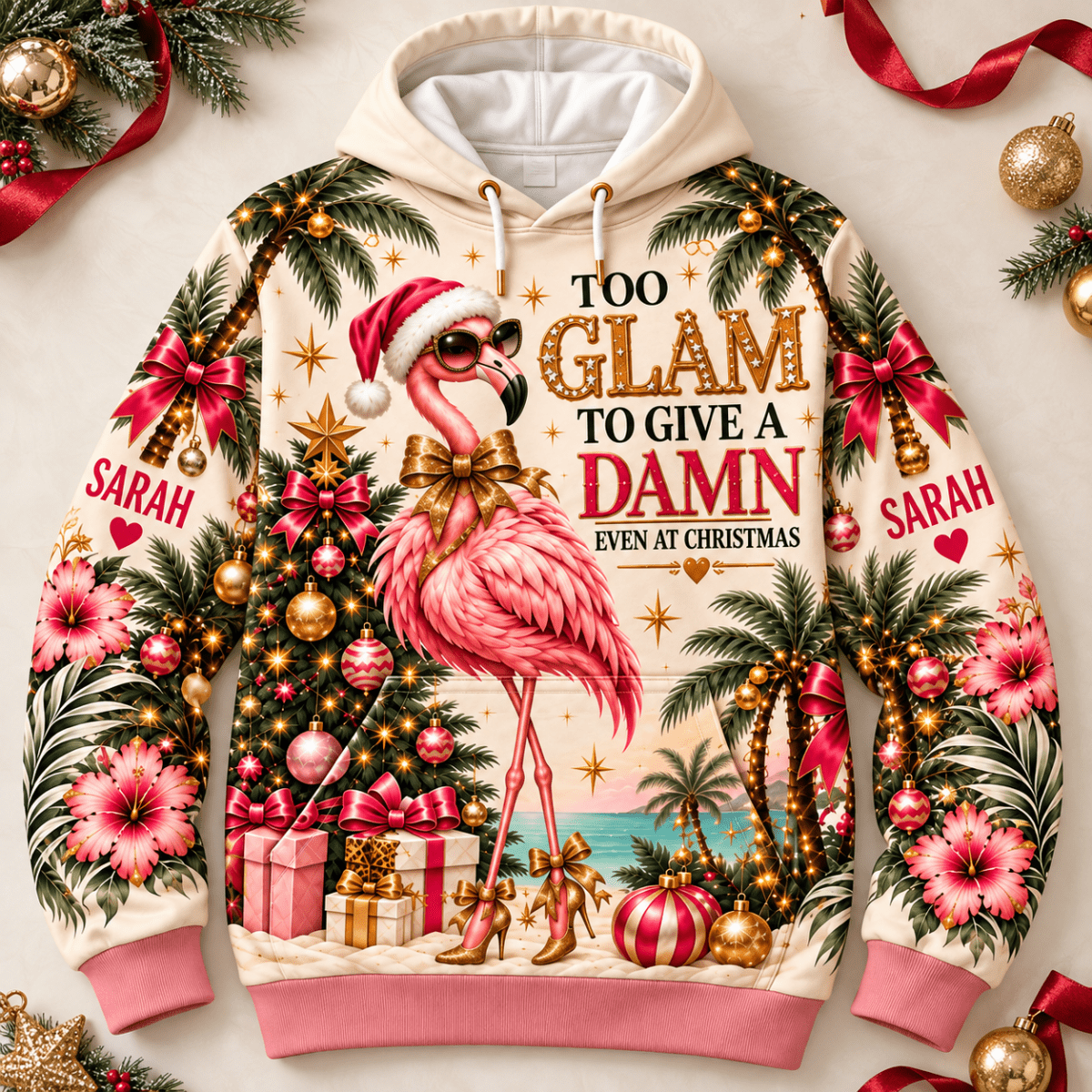 Personalized Too Glam To Give A Damn Flamingo Christmas Sweater & Hoodie - FlamingoAholic