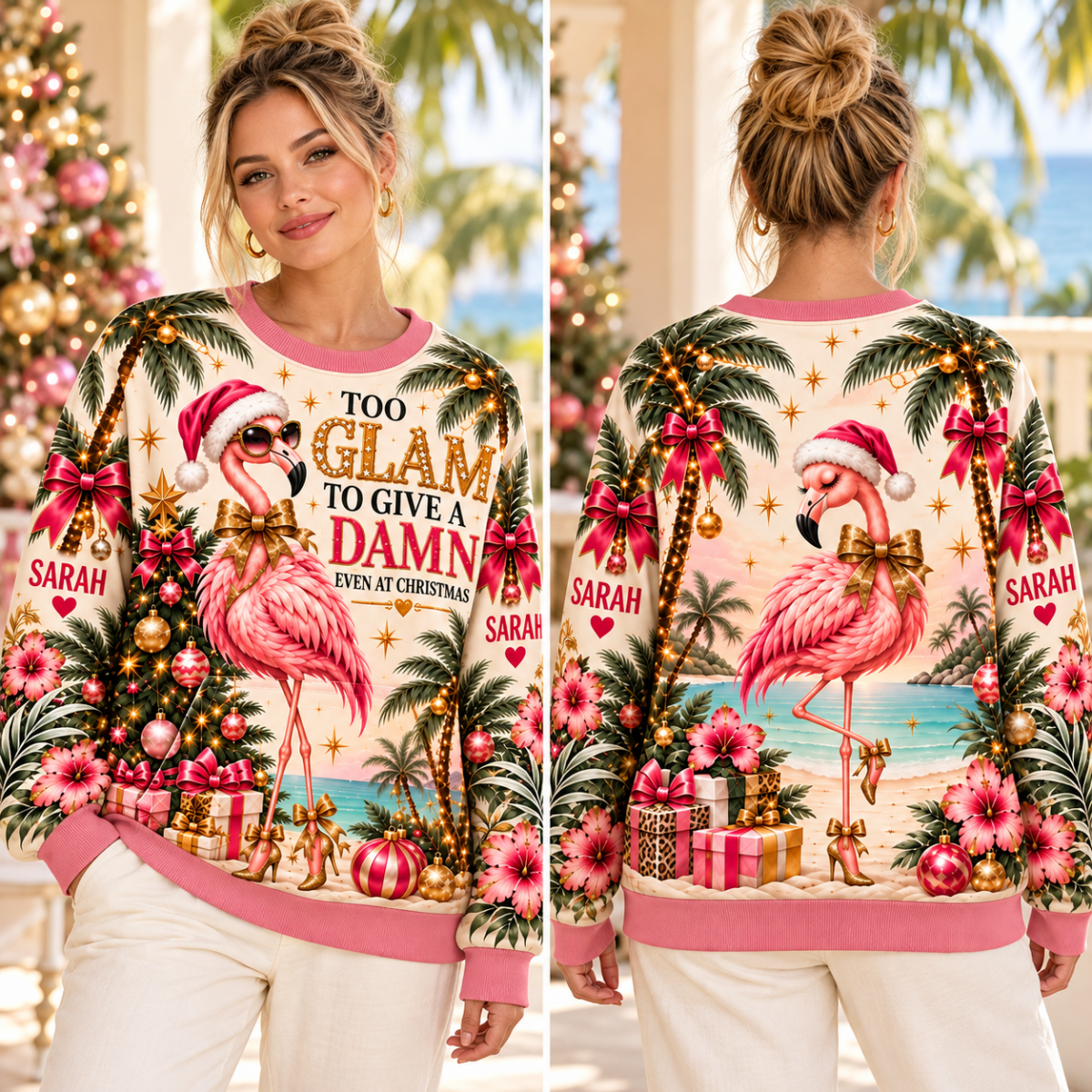 Personalized Too Glam To Give A Damn Flamingo Christmas Sweater & Hoodie - FlamingoAholic