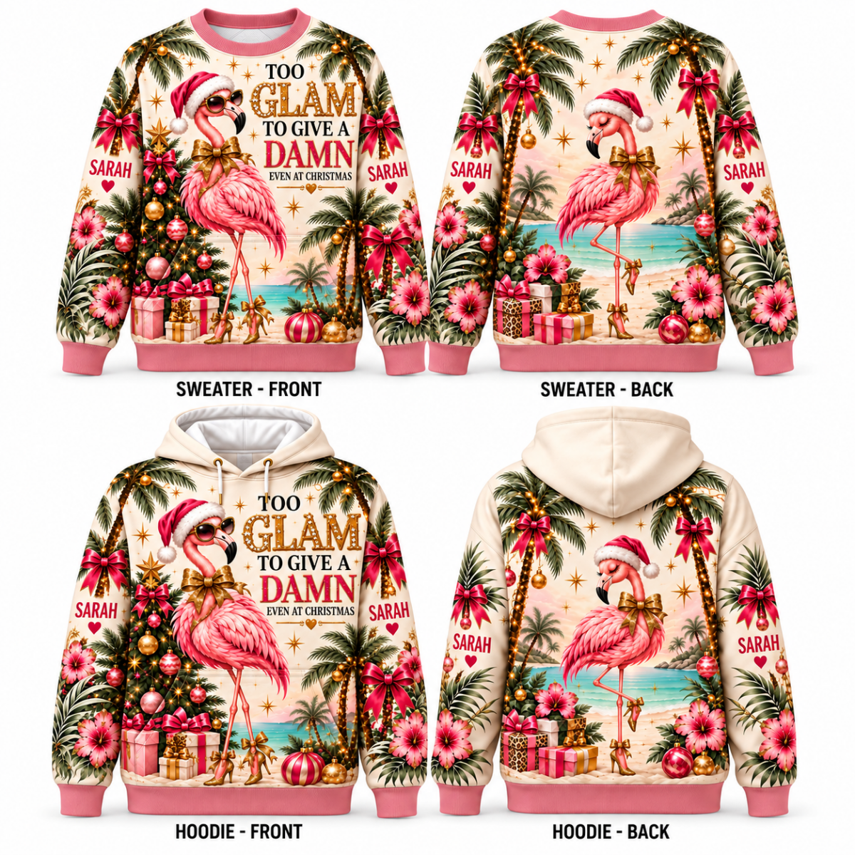 Personalized Too Glam To Give A Damn Flamingo Christmas Sweater & Hoodie - FlamingoAholic
