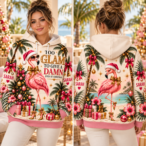 Personalized Too Glam To Give A Damn Flamingo Christmas Sweater & Hoodie - FlamingoAholic