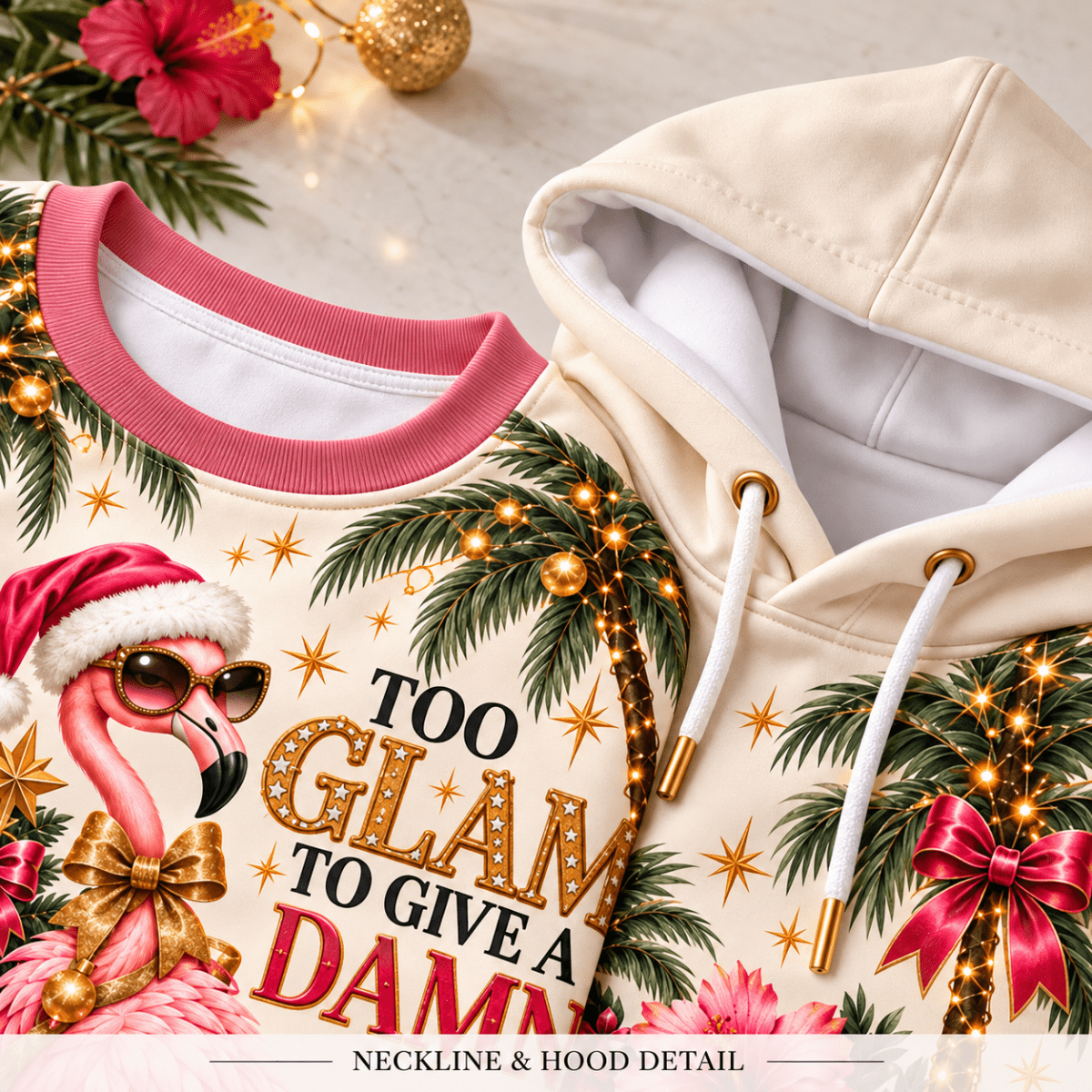 Personalized Too Glam To Give A Damn Flamingo Christmas Sweater & Hoodie - FlamingoAholic