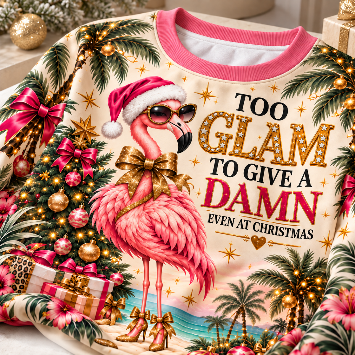 Personalized Too Glam To Give A Damn Flamingo Christmas Sweater & Hoodie - FlamingoAholic