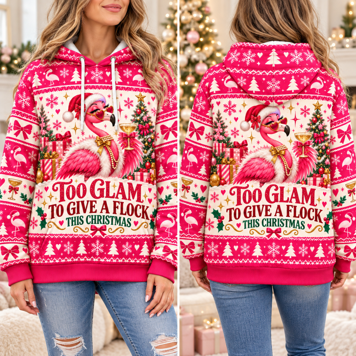Personalized Too Glam To Give A Flock This Christmas Flamingo Sweater & Hoodie - FlamingoAholic