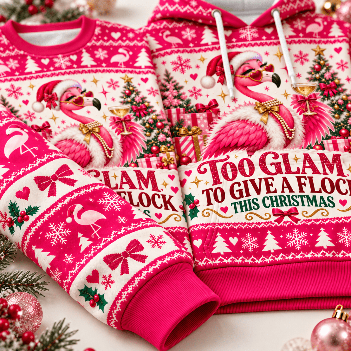 Personalized Too Glam To Give A Flock This Christmas Flamingo Sweater & Hoodie - FlamingoAholic