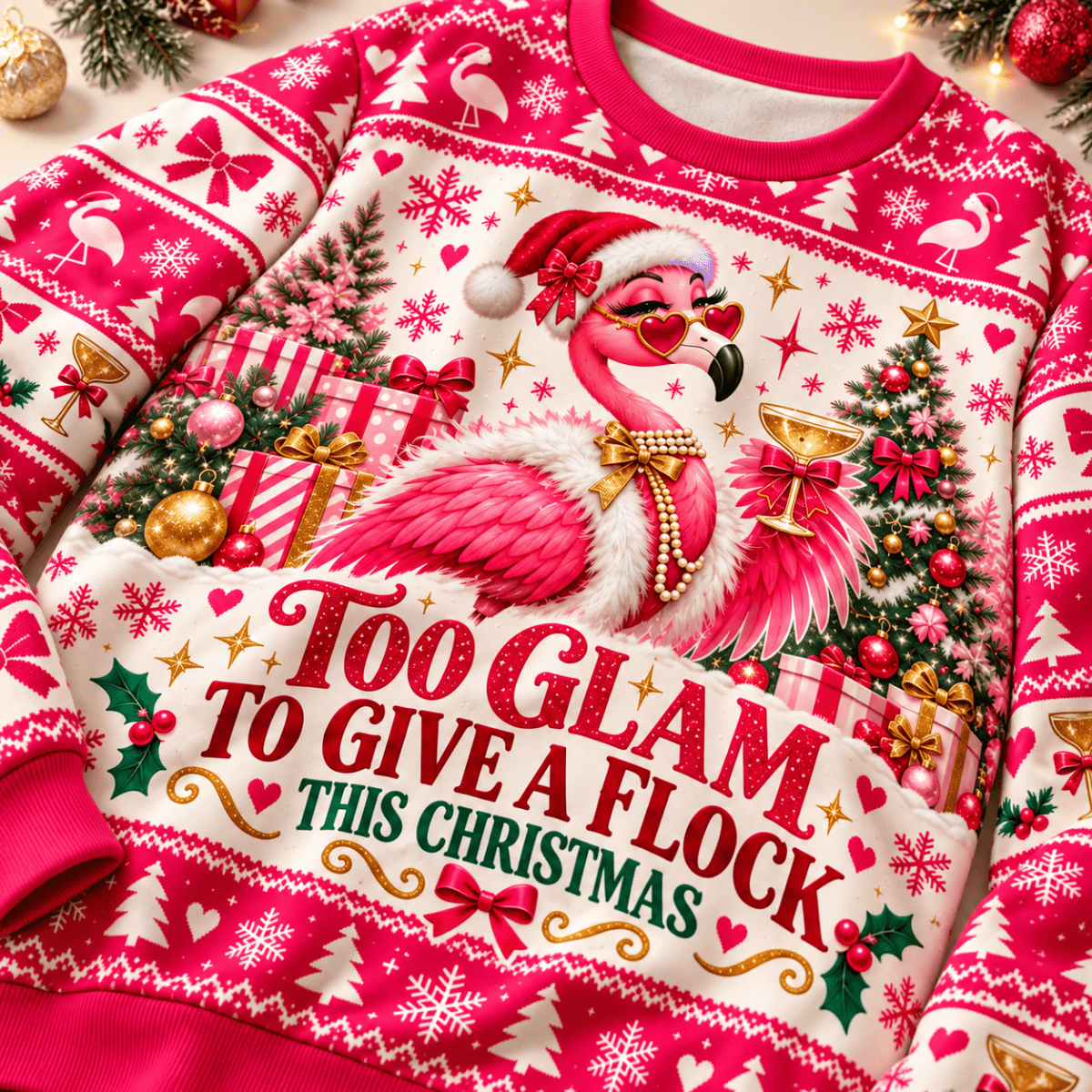 Personalized Too Glam To Give A Flock This Christmas Flamingo Sweater & Hoodie - FlamingoAholic