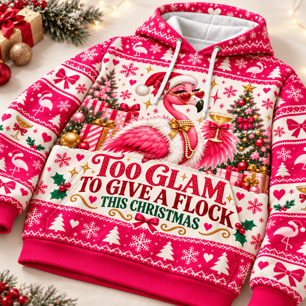 Personalized Too Glam To Give A Flock This Christmas Flamingo Sweater & Hoodie - FlamingoAholic