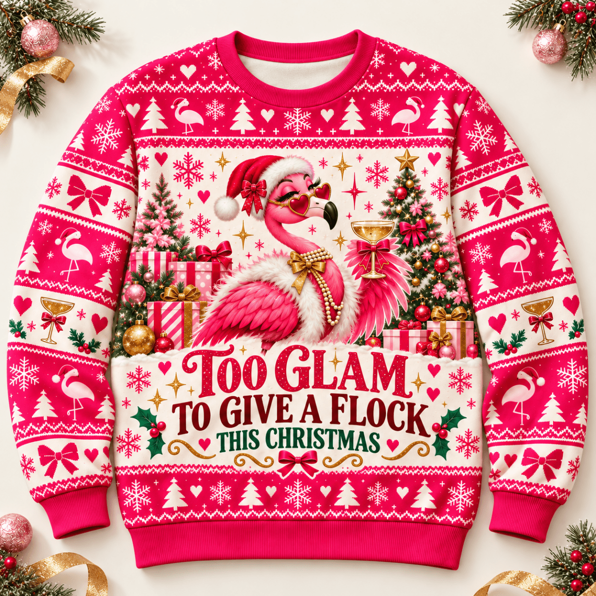 Personalized Too Glam To Give A Flock This Christmas Flamingo Sweater & Hoodie - FlamingoAholic