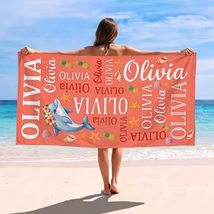 Personalized Tropical Dolphin Beach Towel - Cute Ocean Animal Custom Name Summer Vacation Gift - FlamingoAholic