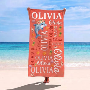 Personalized Tropical Dolphin Beach Towel - Cute Ocean Animal Custom Name Summer Vacation Gift - FlamingoAholic