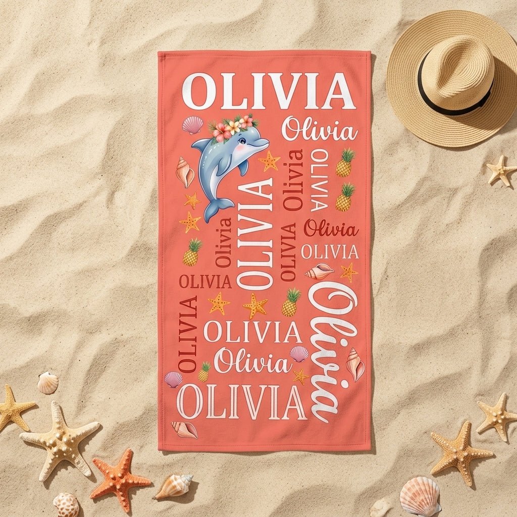 Personalized Tropical Dolphin Beach Towel - Cute Ocean Animal Custom Name Summer Vacation Gift - FlamingoAholic