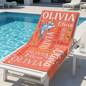 Personalized Tropical Dolphin Beach Towel - Cute Ocean Animal Custom Name Summer Vacation Gift - FlamingoAholic