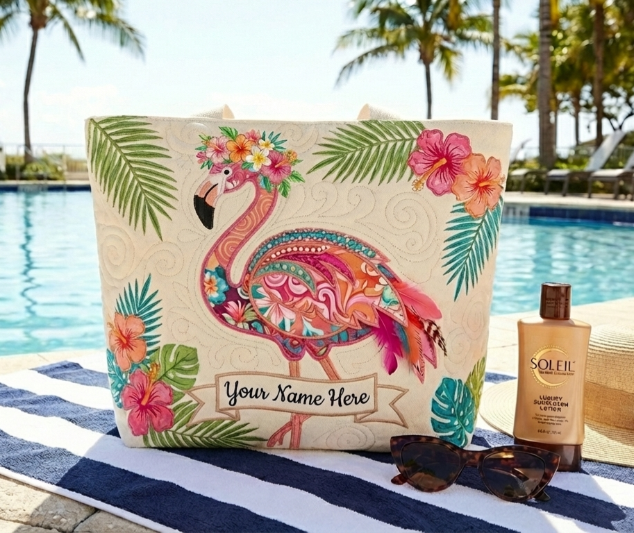 Personalized Tropical Paradise Quilted Tote Bag - Custom Name Carryall Gift for Mom & Grandma - FlamingoAholic