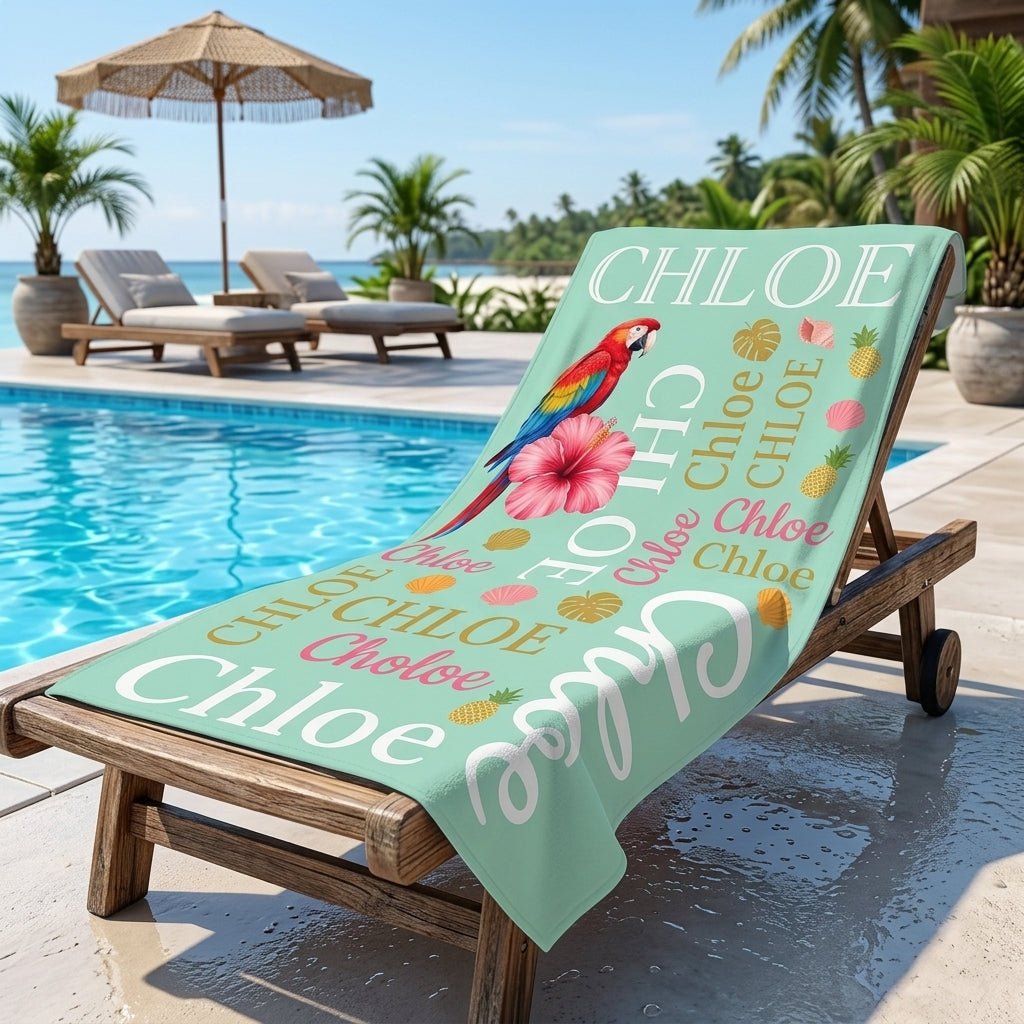 Personalized Tropical Parrot Beach Towel - Vibrant Custom Name Typography Summer Vacation Gift - FlamingoAholic