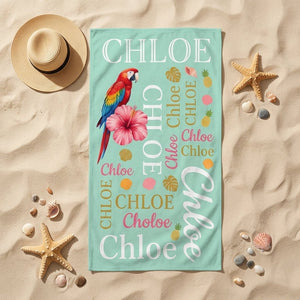 Personalized Tropical Parrot Beach Towel - Vibrant Custom Name Typography Summer Vacation Gift - FlamingoAholic