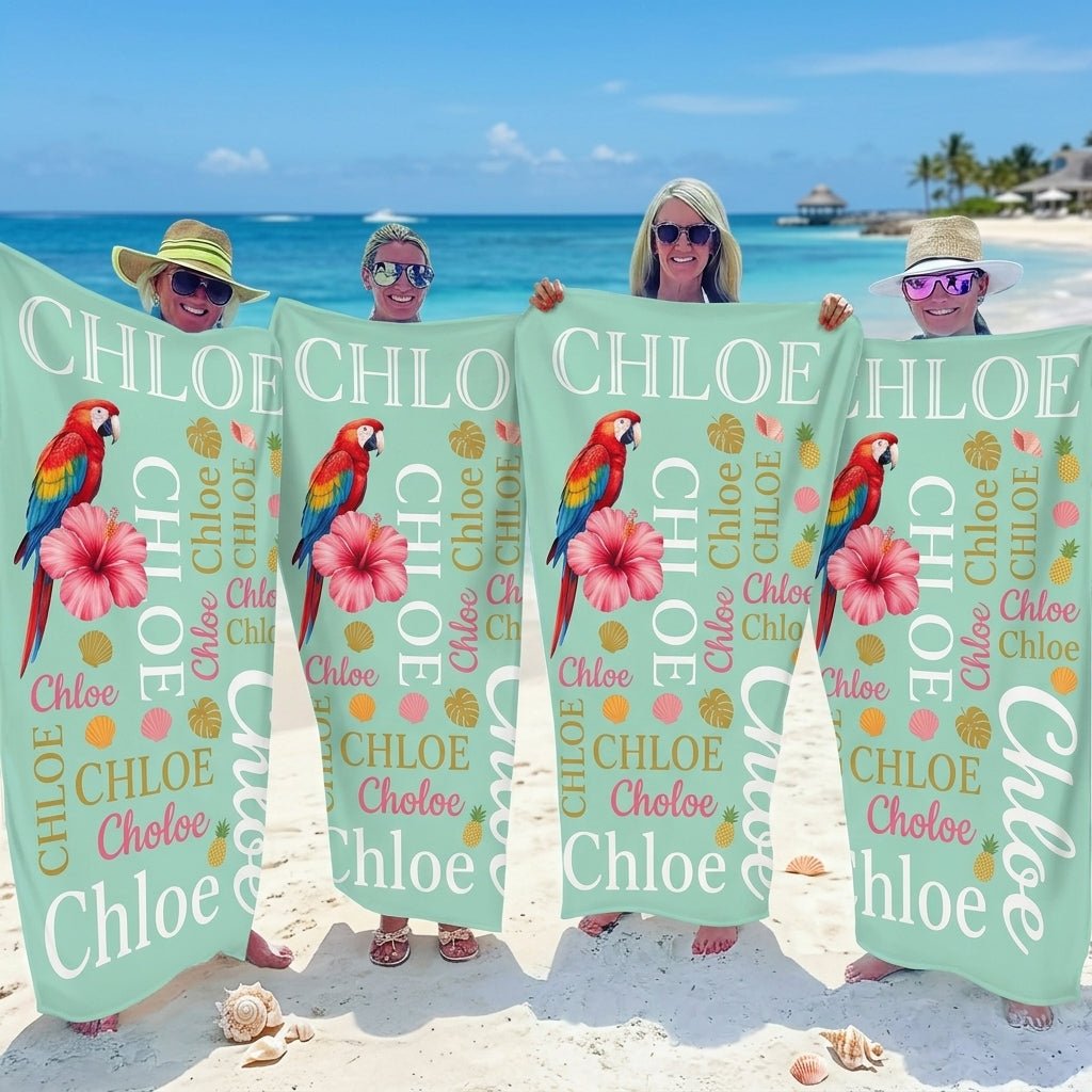 Personalized Tropical Parrot Beach Towel - Vibrant Custom Name Typography Summer Vacation Gift - FlamingoAholic