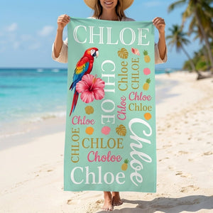 Personalized Tropical Parrot Beach Towel - Vibrant Custom Name Typography Summer Vacation Gift - FlamingoAholic