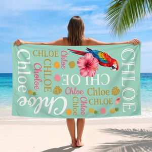 Personalized Tropical Parrot Beach Towel - Vibrant Custom Name Typography Summer Vacation Gift - FlamingoAholic