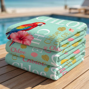 Personalized Tropical Parrot Beach Towel - Vibrant Custom Name Typography Summer Vacation Gift - FlamingoAholic