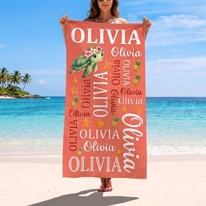 Personalized Tropical Sea Turtle Beach Towel - Cute Ocean Animal Custom Name Summer Vacation Gift - FlamingoAholic