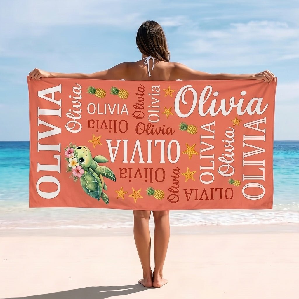 Personalized Tropical Sea Turtle Beach Towel - Cute Ocean Animal Custom Name Summer Vacation Gift - FlamingoAholic