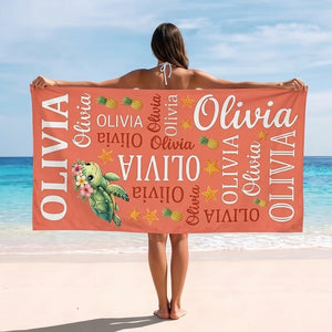 Personalized Tropical Sea Turtle Beach Towel - Cute Ocean Animal Custom Name Summer Vacation Gift - FlamingoAholic
