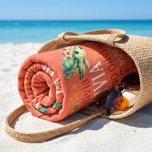 Personalized Tropical Sea Turtle Beach Towel - Cute Ocean Animal Custom Name Summer Vacation Gift - FlamingoAholic