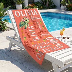 Personalized Tropical Sea Turtle Beach Towel - Cute Ocean Animal Custom Name Summer Vacation Gift - FlamingoAholic