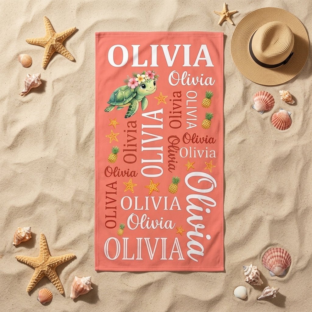 Personalized Tropical Sea Turtle Beach Towel - Cute Ocean Animal Custom Name Summer Vacation Gift - FlamingoAholic