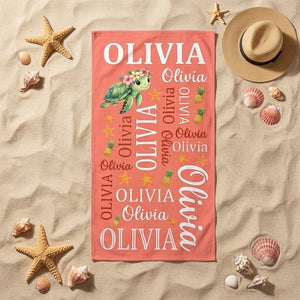 Personalized Tropical Sea Turtle Beach Towel - Cute Ocean Animal Custom Name Summer Vacation Gift - FlamingoAholic