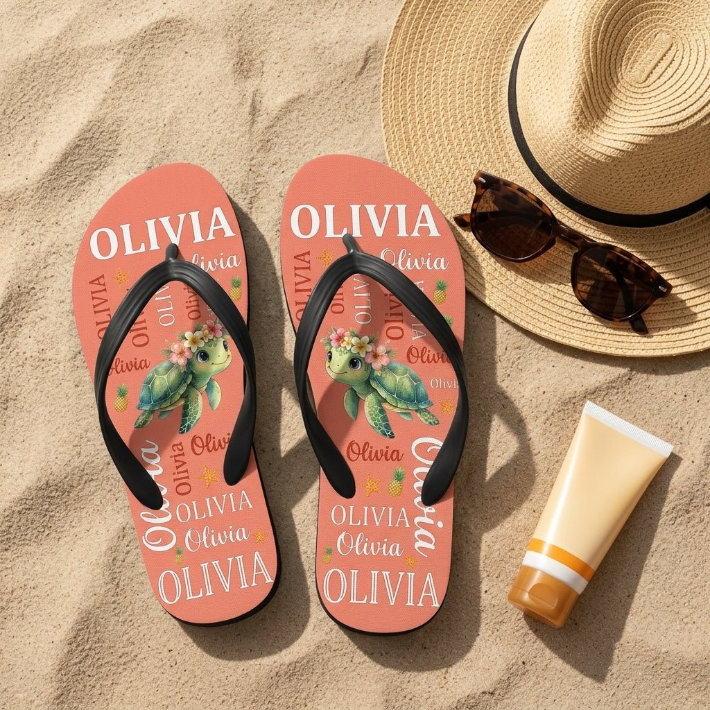 Personalized Tropical Sea Turtle Flip Flops - Cute Kids Summer Sandals Custom Name Gift - FlamingoAholic