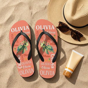 Personalized Tropical Sea Turtle Flip Flops - Cute Kids Summer Sandals Custom Name Gift - FlamingoAholic