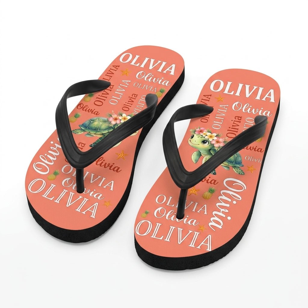 Personalized Tropical Sea Turtle Flip Flops - Cute Kids Summer Sandals Custom Name Gift - FlamingoAholic
