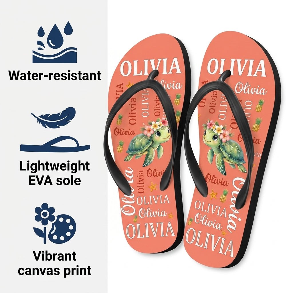 Personalized Tropical Sea Turtle Flip Flops - Cute Kids Summer Sandals Custom Name Gift - FlamingoAholic