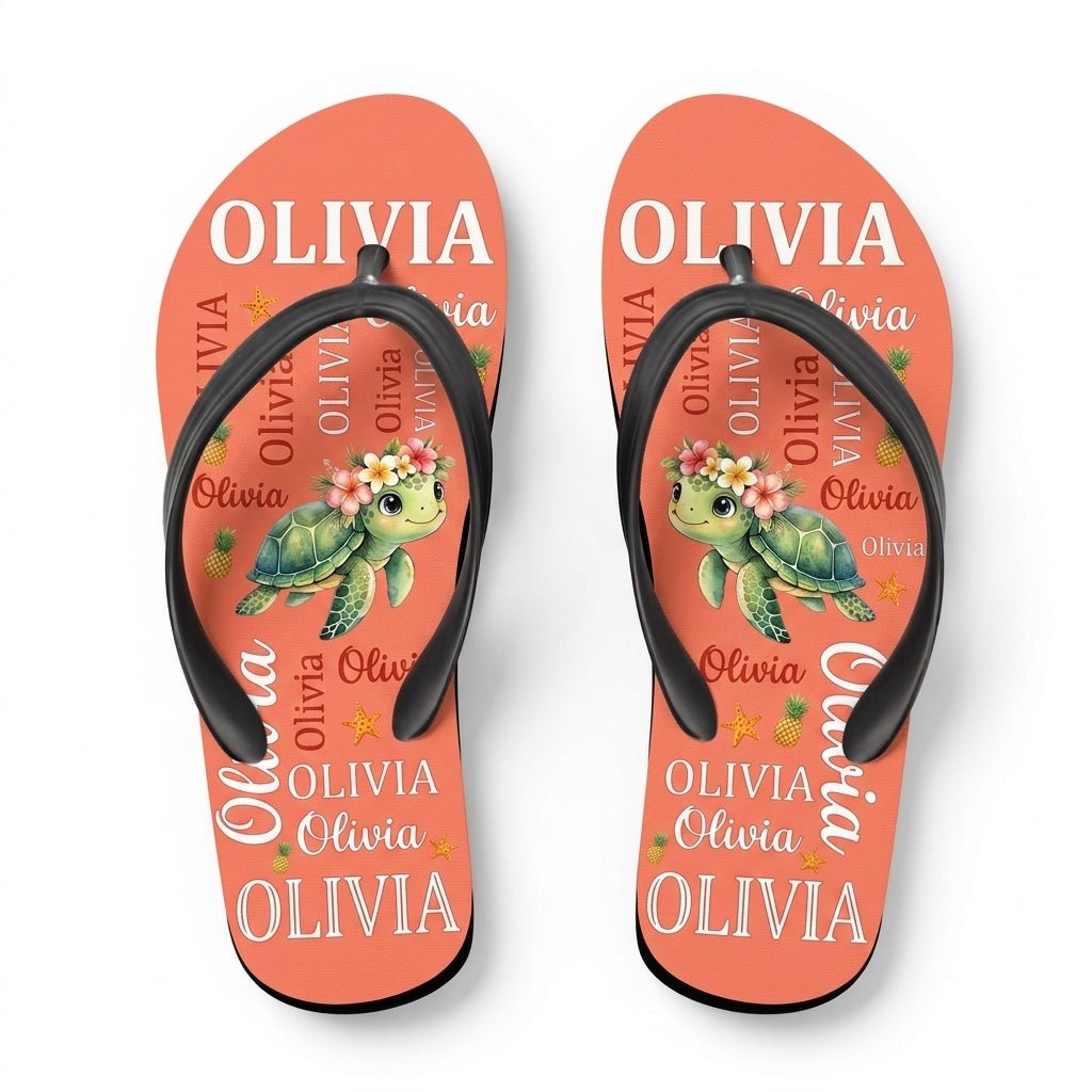 Personalized Tropical Sea Turtle Flip Flops - Cute Kids Summer Sandals Custom Name Gift - FlamingoAholic