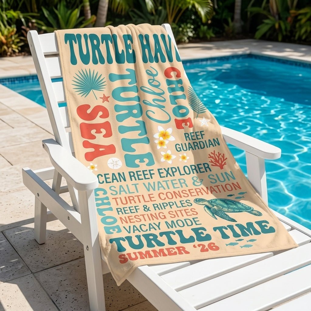 Personalized Turtle Haven Beach Towel - Custom Name "Turtle Time" Summer Gift - FlamingoAholic