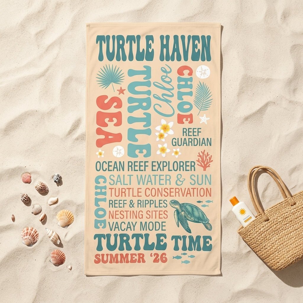 Personalized Turtle Haven Beach Towel - Custom Name "Turtle Time" Summer Gift - FlamingoAholic