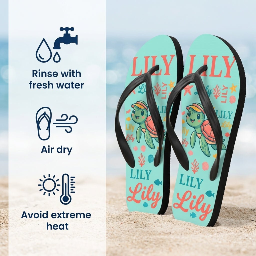Personalized Turtle Turquoise Flip Flops - Custom Name Kids Summer Beach Sandals Gift - FlamingoAholic