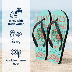 Personalized Turtle Turquoise Flip Flops - Custom Name Kids Summer Beach Sandals Gift - FlamingoAholic