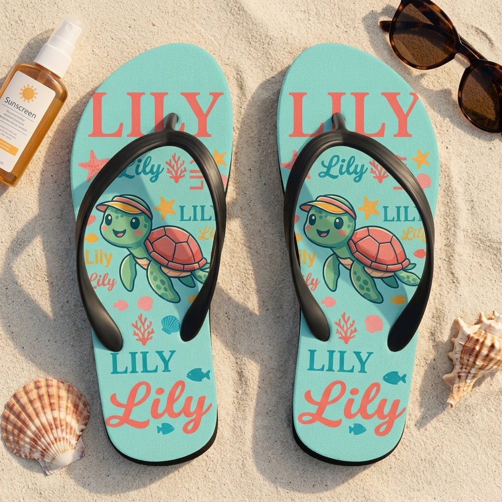 Personalized Turtle Turquoise Flip Flops - Custom Name Kids Summer Beach Sandals Gift - FlamingoAholic