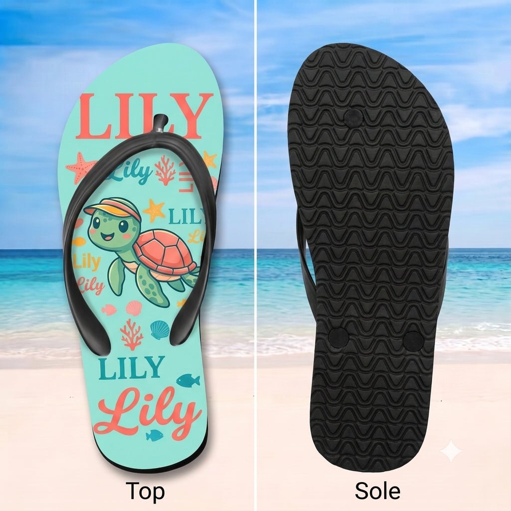 Personalized Turtle Turquoise Flip Flops - Custom Name Kids Summer Beach Sandals Gift - FlamingoAholic