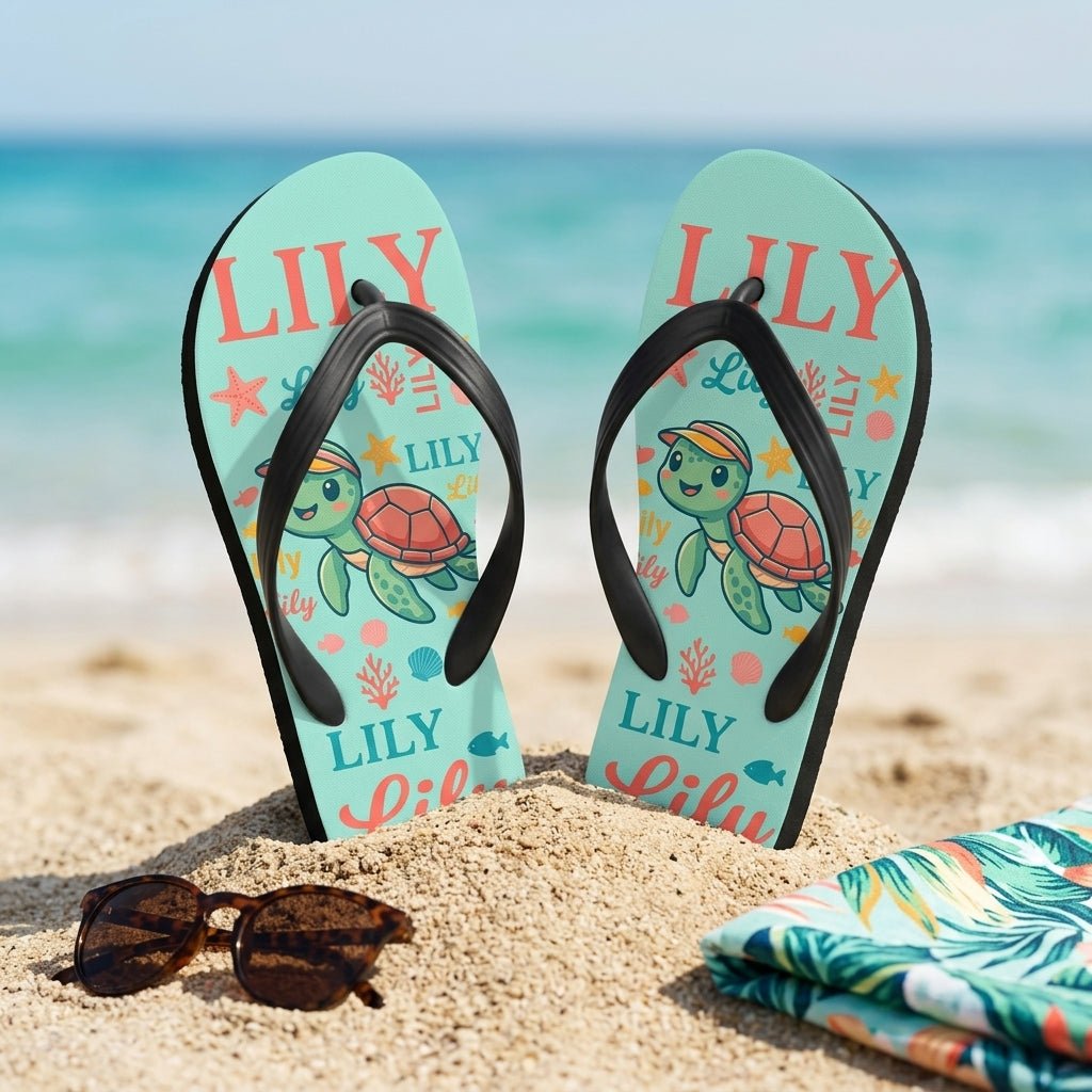 Personalized Turtle Turquoise Flip Flops - Custom Name Kids Summer Beach Sandals Gift - FlamingoAholic